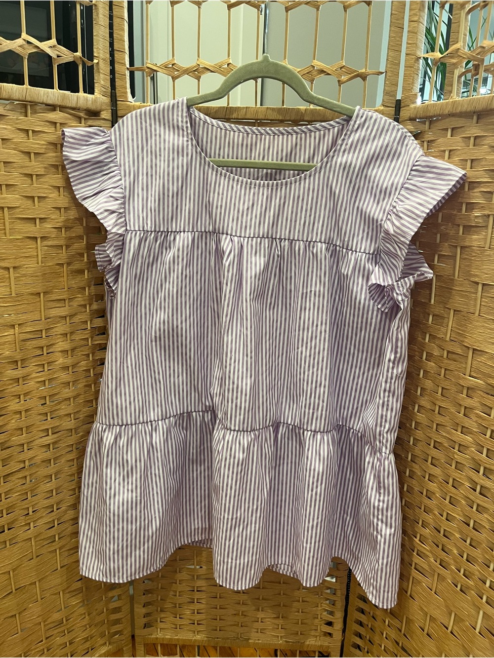Frill Sleeve Vertical Purple Stripe Ruffled Tiered Tunic Shirt Approx Sz Large